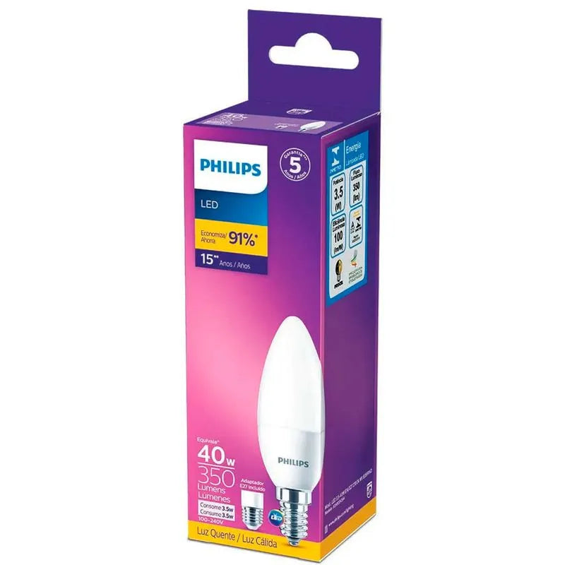 Lampada Vela 3.5w Philips Quente 2700K E14 Adaptador E27