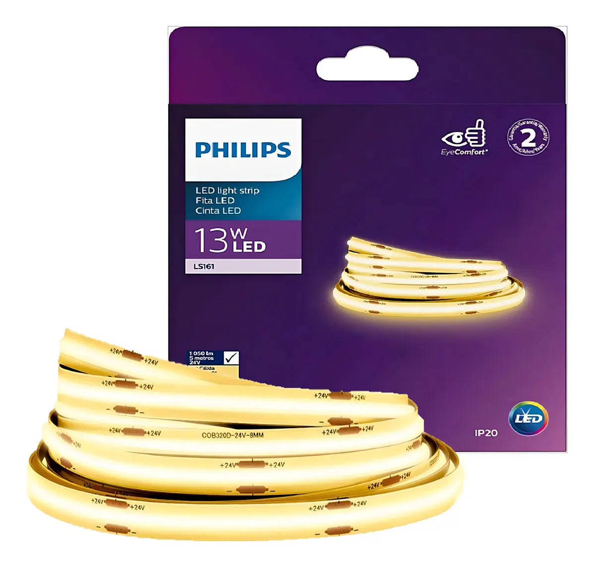 Fita Led Philips COB 5 Metros 13w 24v Luz Quente 3000k 1050lm/m