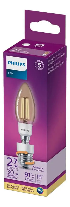 Lampada Vela Filamento 2.7w Philips Quente 2500K E14 E27