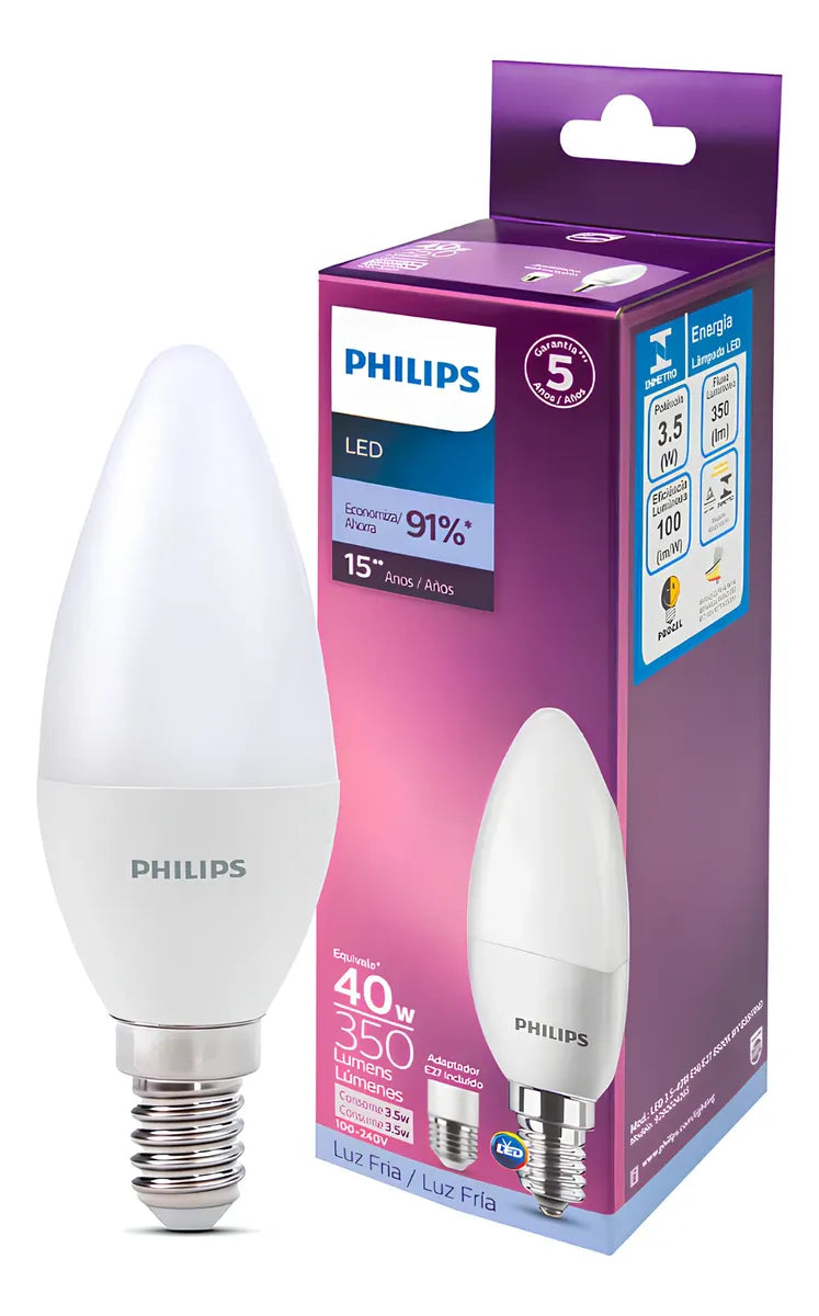 Lampada Vela 3.5w Philips Branca 6500K E14 Adaptador E27
